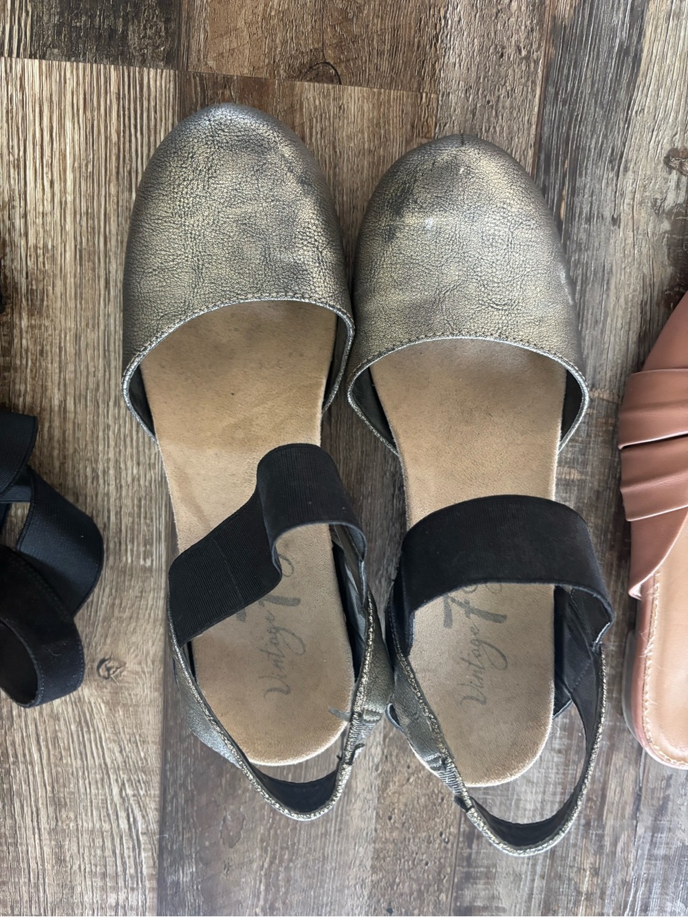 Vanity Metallic Gold Slingback Flats with Black Elastic